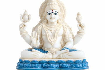 Serene off-white deity statue in lotus pose, holding symbolic objects, against a white background