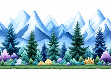 Fototapeta premium Serene winter landscape featuring snow-capped mountains and evergreen forest