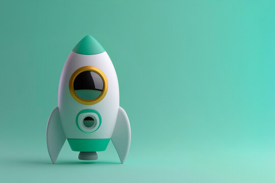 Minimalistic 3D rocket standing upright on green backdrop, symbolizing launch, startup growth, innovation, and progress. Ideal for illustrating business development, product launch, creative ideas