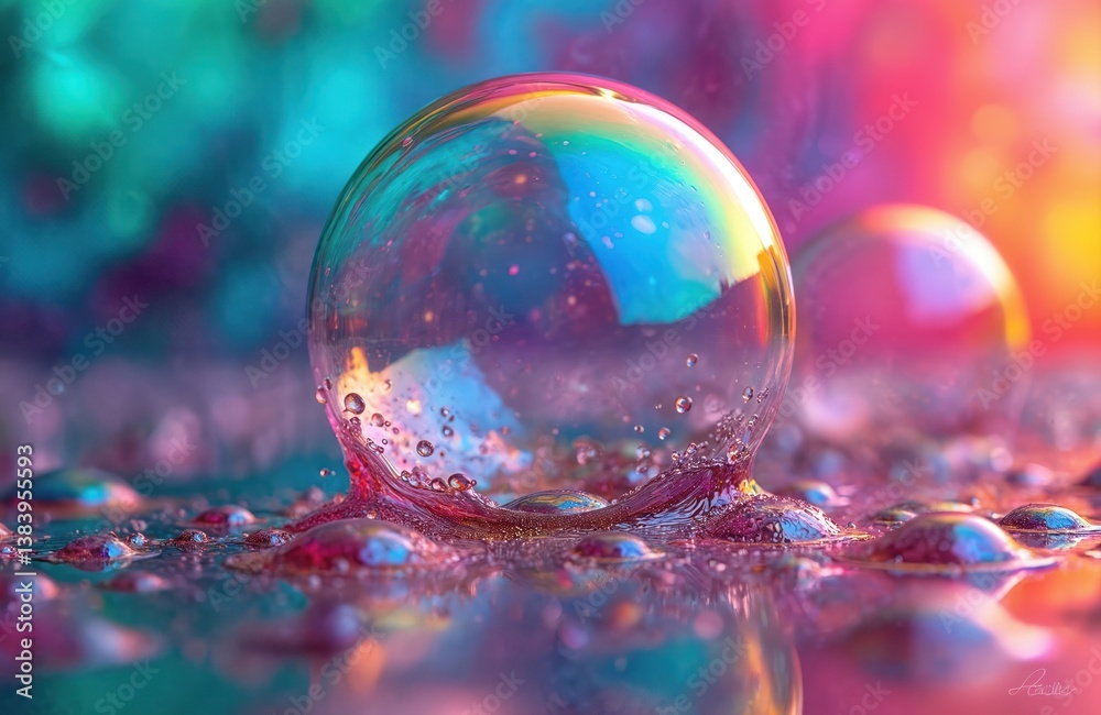 Poster Macro shot of soap bubble. Psychedelic multicolored background with rainbow colors. Abstract art with many-coloured bubble surface texture. Iridescent reflection creates a stunning visual effect.