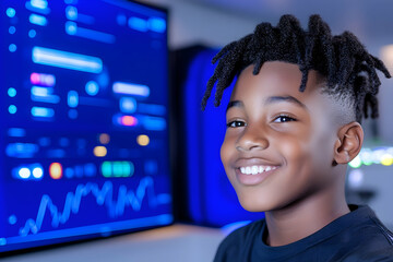 Smiling boy in tech setting, data screen background