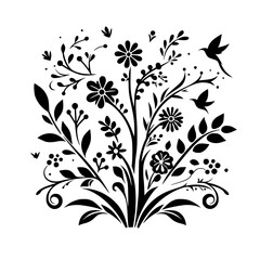 Elegant Black & White Floral Silhouette with Birds