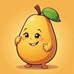 Fototapeta premium Cheerful Yellow Pear Cartoon Character with Green Leaf Headgear on Vibrant Yellow Background. A cartoon pear with a green leaf on its head.