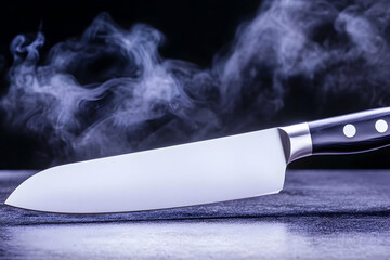 Steaming chef's knife on dark surface