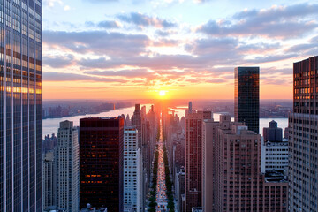 Obraz premium Stunning sunset over cityscape, aerial view of skyscrapers and avenue