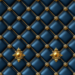 Fototapeta premium Luxury 3D Blue Tufted Leather Background with Golden Baroque Ornaments