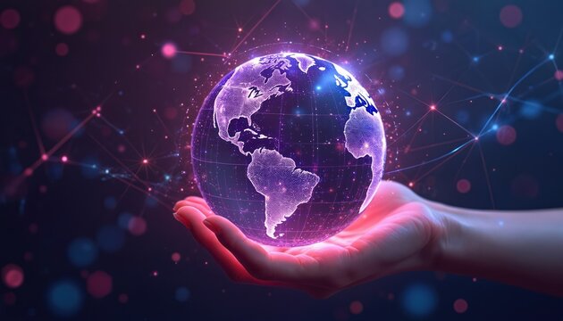 Hand holding digital earth globe with data exchange connections. Global network, cyberspace, innovation, science, communication tech. Tech business concept. Worldwide networking, metaverse, digital