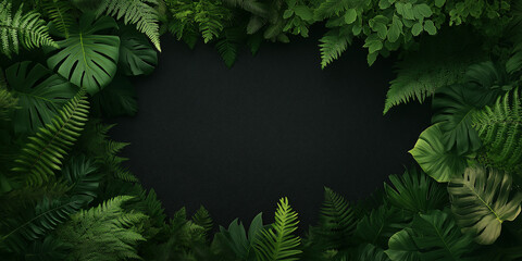 A black background with green leaves and a large leafy green plant