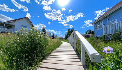 Sunny boardwalk path through blooming wildflowers, leading to charming houses under a bright sky