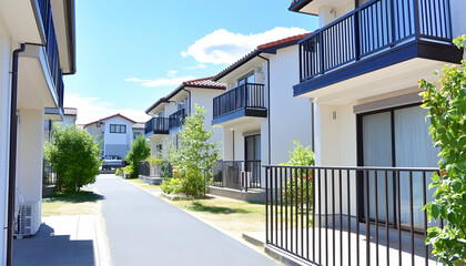 Sunny suburban street with modern houses, paved pathway, and greenery