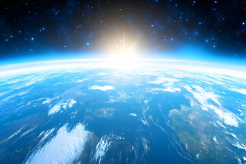 Sunrise over Earth, showing atmospheric layers and cloud formations