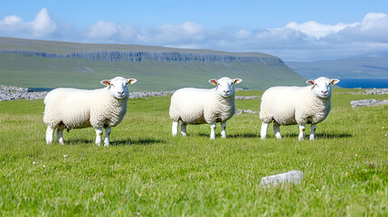 Fototapeta premium Three fluffy white sheep stand in a vibrant green pasture, a scenic mountain backdrop under a bright blue sky
