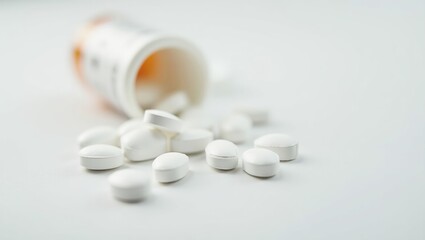 Scattered white pills spilled from an overturned medicine bottle, a poignant image hinting at health concerns or accidental overdose, captured in soft, diffused lighting.