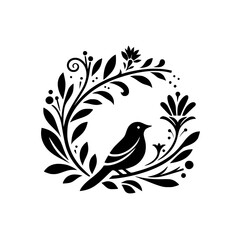 Minimalist Bird & Floral Wreath Illustration, Black & White Design