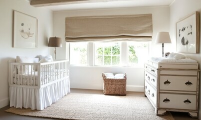 Serene Nursery Interior Design: White Crib, Changing Table, and Natural Light
