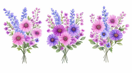 Three watercolor bouquets of pink and purple daisies and wildflowers