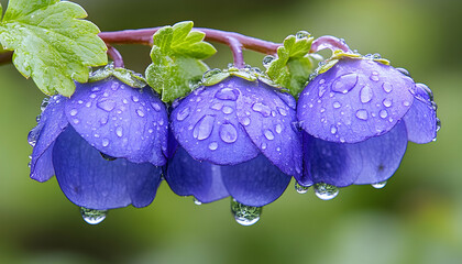 Three vibrant purple flowers adorned with dew drops