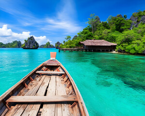 Obraz premium Tropical island getaway wooden boat on turquoise water approaching overwater bungalow