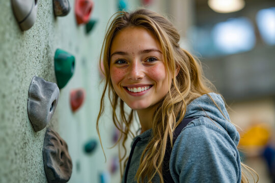 A young woman standing in front of a climbing wall