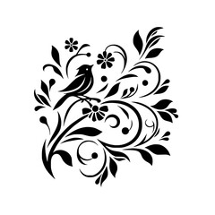 Black Bird and Floral Silhouette Design on White Background
