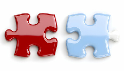 Fototapeta premium Two glossy puzzle pieces, red and blue, almost connected