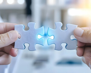 Two hands connecting two puzzle pieces, signifying collaboration and connection