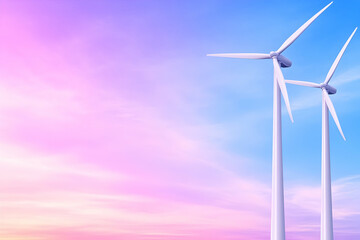 Fototapeta premium Two wind turbines against a pastel sunset sky