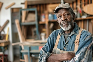 Portrait of a middle aged african american male carpenter in shop