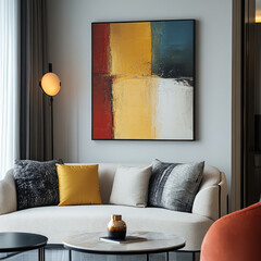 modern living room featuring stylish sofa with decorative pillows, round coffee table, and abstract painting wall. color palette includes warm tones and contemporary lamp, creating cozy
