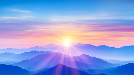 Obraz premium Vibrant sunrise over majestic mountain range, showcasing colorful sky and sun rays