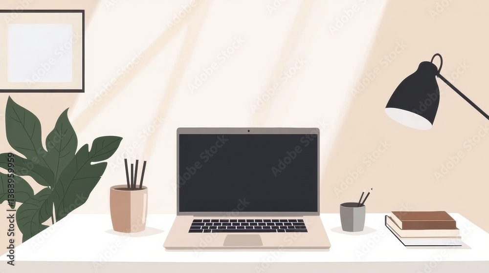 Poster modern workspace featuring sleek laptop on clean white desk with minimalistic decor and ample natura