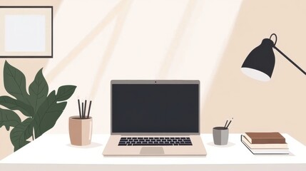 Modern workspace featuring sleek laptop on clean white desk with minimalistic decor and ample natural light promoting productivity and creativity