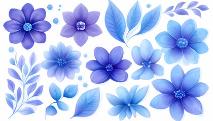 Watercolor-style blue flowers and leaves collection, isolated on white