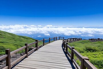 Wooden boardwalk winding through mountaintop meadow, above clouds under a vibrant blue sky