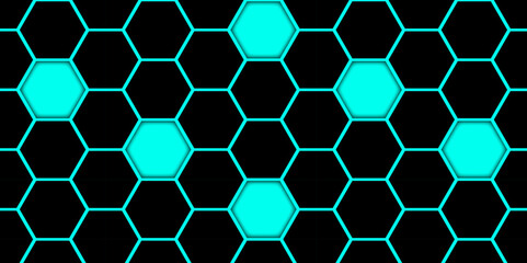 Abstract Cyan and Black Hexagonal Tile Pattern. Seamless Cyan Hex Grid, Digital Tech Wallpaper. Hexagon. Vector. Illustration. 