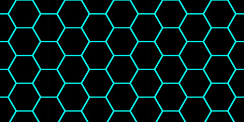Cyber Hexagon Network with Bright Blue Glow. High Contrast Cyan Honeycomb Background. Hexagon. Vector. 
