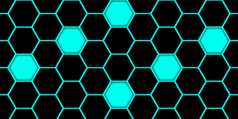 Abstract Cyan and Black Hexagonal Tile Pattern. Seamless Cyan Hex Grid, Digital Tech Wallpaper. Hexagon. Vector. Illustration. 
