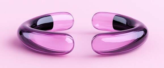 Two glassy, curved, pink forms reflecting light on a matching pink surface