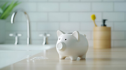 White Piggy Bank On Light Wood Kitchen Counter