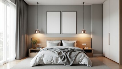 Fototapeta premium Serene sanctuary: A minimalist bedroom design featuring a plush bed, soft gray tones, and natural light illuminating a calming space.