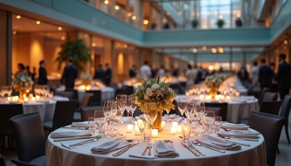 Elegant corporate event venue with sophisticated table settings. Ambient lighting, candles, floral centerpieces enhance upscale atmosphere. Business people at formal dinner meeting, networking