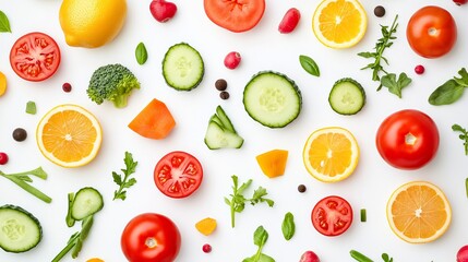 Flat lay of fresh vegetables and fruits including tomatoes lemons cucumbers and broccoli on white background