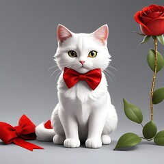 "Elegant White Cat with Red Bow and Rose &ndash; Symbol of Purity and Romance"