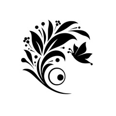Elegant Black Floral Butterfly Motif on White Background