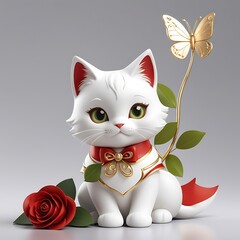"Elegant White Cat with Red Bow and Rose &ndash; Symbol of Purity and Romance"