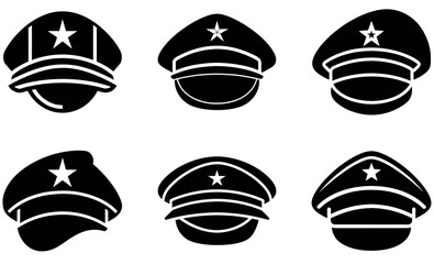 Military Cap Icon Set – Black Vector Army Hat Illustrations with Star Badge Symbols