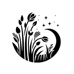 Black & White Floral Crescent Moon Illustration, Nature, Silhouette