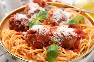 Delicious pasta with meatballs, cheese and basil in bowl, closeup