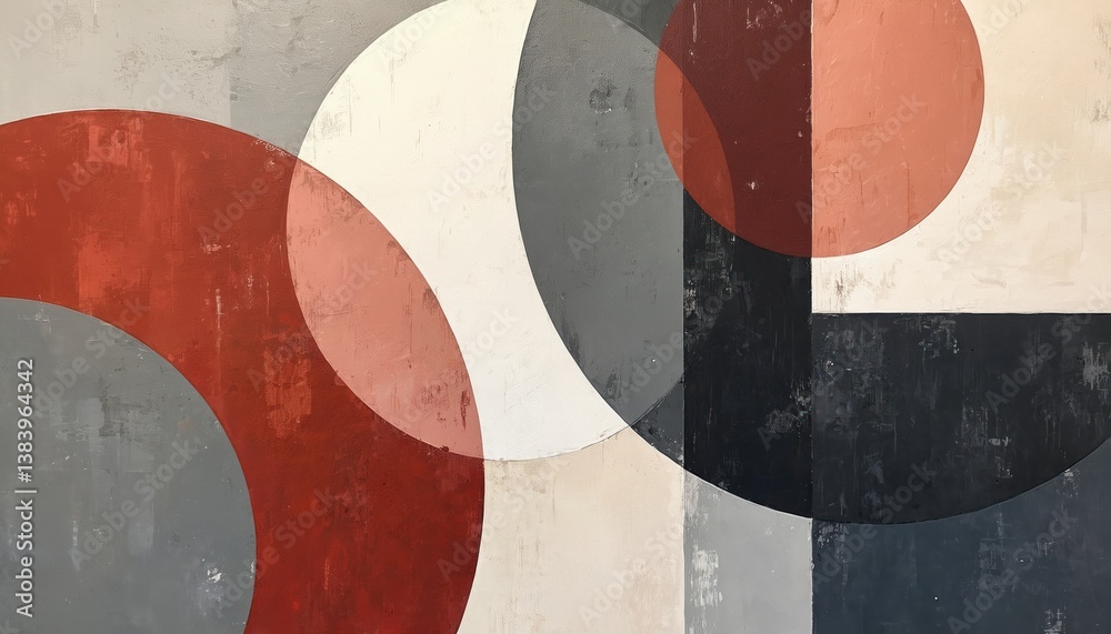 Poster Abstract geometric composition with modern artistry. Features minimalist hand-drawn style with circles and rectangles. Earthy tones with grunge texture. Modern art for home decor or creative projects.