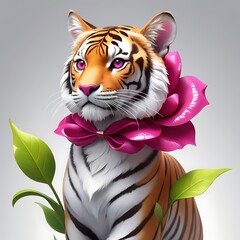 "Elegant Tiger with Pink Flower Collar and Lush Green Leaves &ndash; Symbol of Strength and Grace"